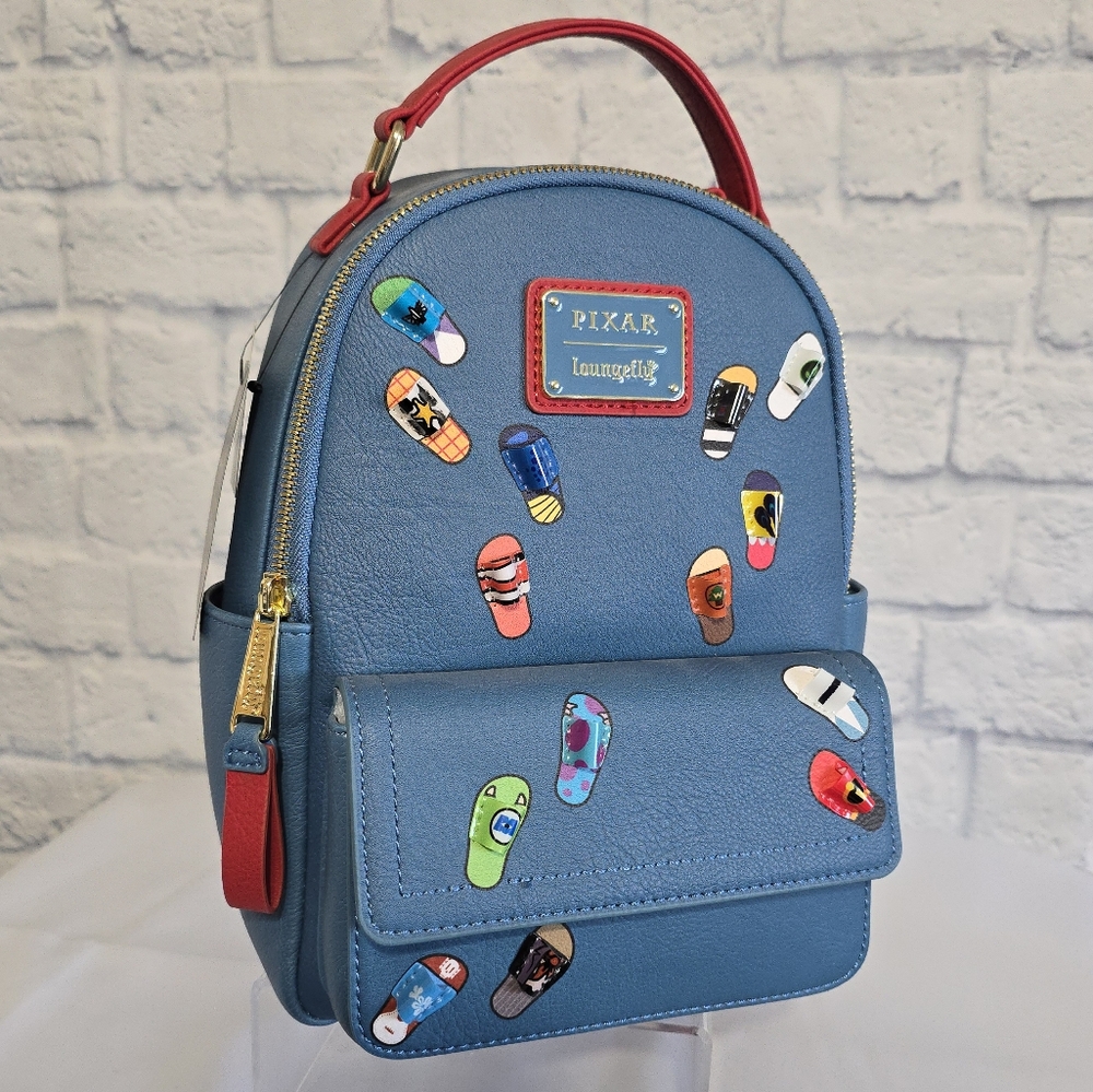 Loungefly Pixar Disney Compilation Slides Sandals Blue Mini Backpack Bag New